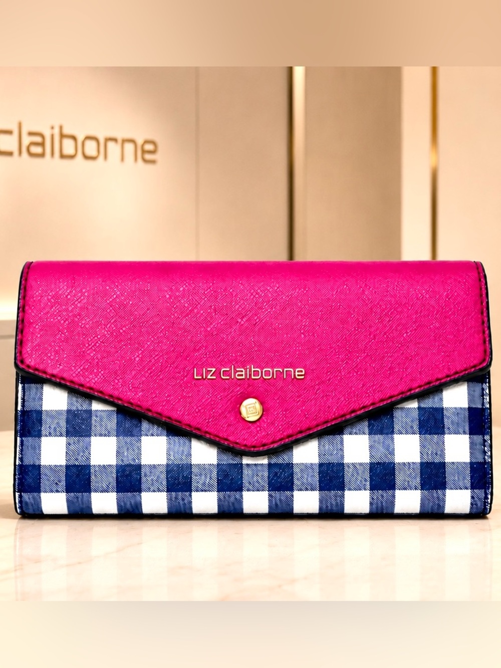 Liz Claiborne Pink Blue Gingham Wallet W Magnetic Clasp Checkered Snap Clutch